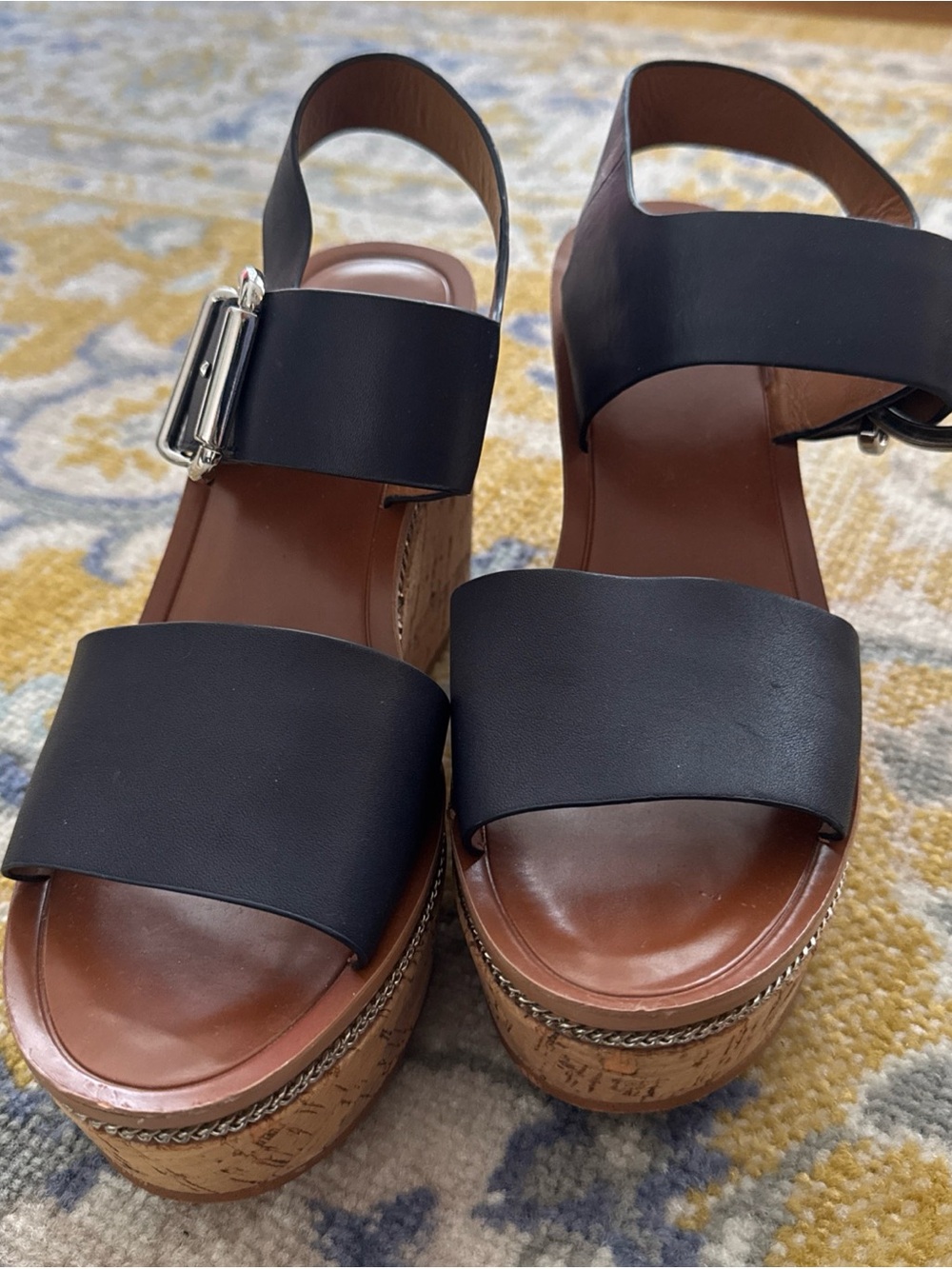 Franco Sarto Navy Leather Cork Platform Sandals